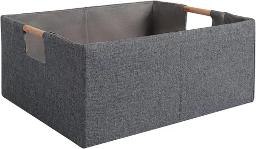 Vista 11 de Caja de Almacenamiento de Tela Plegable Cesta de Algodón y Lino con Asas de Madera, Cubo Rectangular Decorativo, Organizador de Lavandería