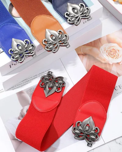 Vista 4 de SATINIOR 6 piezas de cinturón elástico ancho retro para mujer, cinturón elástico con hebilla de cuero sintético vintage, 'Rojo', 'Azul', 'Negro