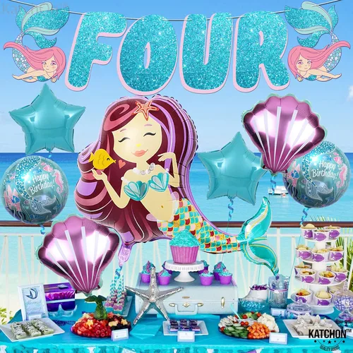 Vista 3 de KatchOn Juego de 8 decoraciones de sirena grande para cumpleaños número 4, globos de sirena y cumpleaños para niña de 4 años