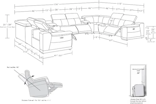 Vista 472 de BlackJack Furniture Venice - Sofá modular de cuero italiano de grano superior de 5 piezas con 3 reclinables eléctricos, reposacabezas ajustable