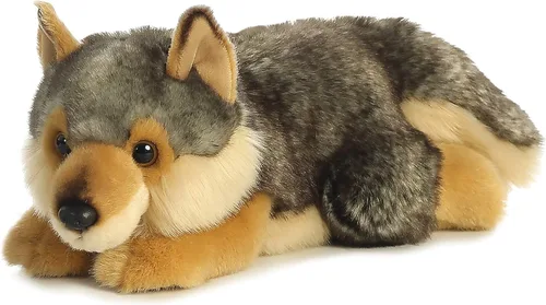 Vista 4 de Aurora® Adorable lobo echado de peluche Miyoni®, detalle realista, compañía entrañable, gris, 11 pulgadas