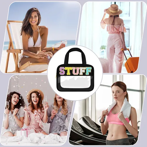 Vista 8 de Bolsa de Maquillaje Transparente con Letras de Chenilla, Bolsa de Cosméticos Preppy Transparente, Bolsas de Snacks Transparentes con Cremallera