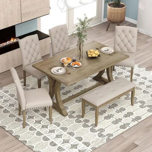 Vista 13 de Juego de mesa de comedor de granja de 6 piezas, mesa rectangular con caballete y 4 sillas y banco tapizados, juego de desayuno de madera maciza
