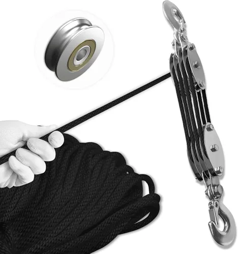 Vista 14 de Sistema de Poleas de Bloque y Aparejo, polipasto de polea de cuerda de 3 ruedas mejorado, potencia de elevación 5:1, carga de trabajo de 1100 libras