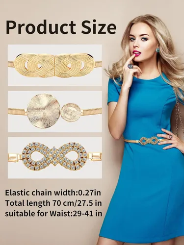 Vista 6 de onenine Cinturón de oro para vestido de mujer, cinturón de cadena colgante elástico, cinturón de cadena de oro, oro y plata