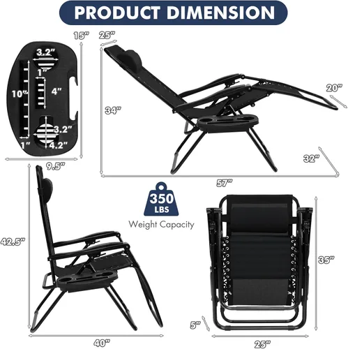 Vista 3 de Giantex Zero Gravity - Silla reclinable para patio al aire libre con portavasos y almohada extraíble, respaldo ajustable, silla de salón