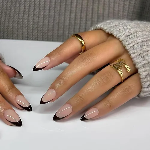 Vista 2 de Uñas postizas a presión con punta francesa negra, uñas cortas de almendra, uñas con pegamento para mujer, uñas acrílicas francesas de gel, uñas