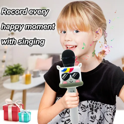 Vista 3 de Micrófono de karaoke para niños y niñas, máquina de micrófono de juguete inalámbrico con 4 cambios de sonido, regalo de canto de mano, para Navidad