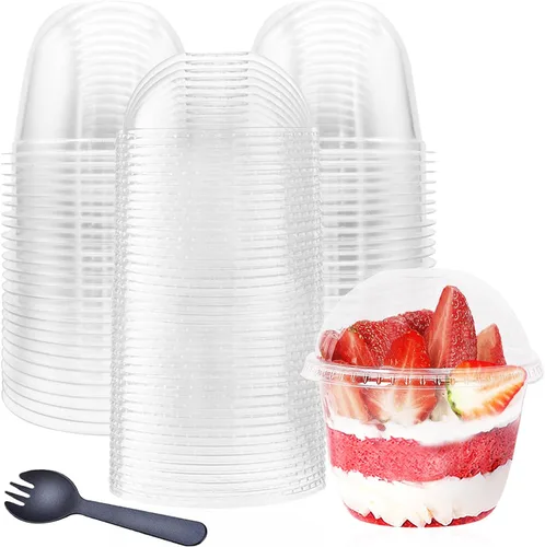 Vista 8 de Alaeseje 50 paquetes de vasos de plástico transparente de 9 onzas con tapas de cúpula, vasos desechables para postres y fiestas (sin agujero), vasos
