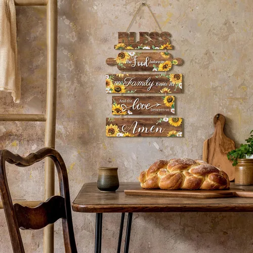 Vista 7 de Sintuff Girasol Decoración de Pared de Cocina Letrero de Madera de Granja "Bendiga los Alimentos que Están Delante Nuestro" Arte de Pared Rústico