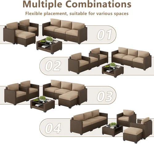 Vista 4 de Juego de 7 muebles de patio al aire libre, sofá seccional al aire libre, muebles de mimbre para patio, juego de conversación de patio con mesa