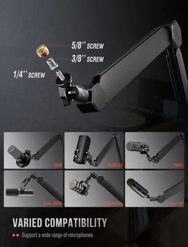 Vista 5 de FIFINE Soporte de brazo para micrófono, brazo de micrófono con abrazadera de escritorio, canales de cable, roscas de 3/8" a 5/8", soporte