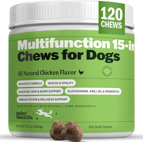 Deley Naturals Multivitamínico 15 en 1 para perros, vitaminas y suplementos completos para perros para apoyo inmunológico, articulaciones, piel,