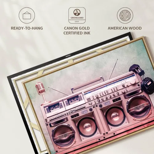 Vista 6 de ElephantStock - Retro Boombox Wall Art - Horizontal Floating Framed Canvas - Living Room Wall Decor - Photography Music Framed Canvas Art - White