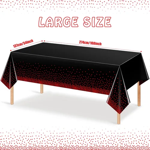 Vista 2 de Paquete de 4 manteles de plástico con lunares rojos y negros, mantel rectangular de plástico desechable de confeti de punto rojo para cumpleaños