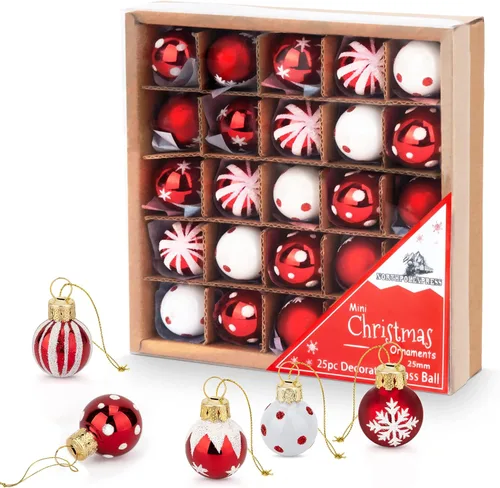 Vista 2 de Juego de 25 bolas de cristal de menta roja y blanca de 1 pulgada, adornos de árbol de Navidad en miniatura, decoraciones rústicas de Navidad, mini