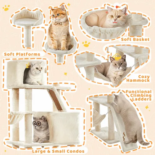 Vista 4 de Yaheetech Árbol para gatos, torre grande de 82.5 pulgadas con hamaca, 2 perchas con orejas de gatito, 2 acogedores condominios, postes rascadores