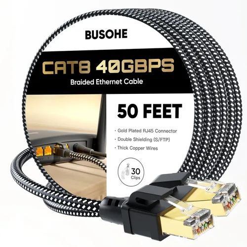 Vista 12 de BUSOHE Cable Ethernet Cat 8 de 1 pie, cable de red de internet trenzado de alta velocidad de 40 Gbps 2000 MHz con conector RJ45 chapado en oro