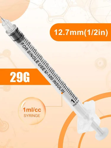 Vista 3 de Jeringa de 1 ml con tapa, 29G 1/2-pulgada (12.7 mm), empaquetada individualmente, paquete de 20 jeringas de laboratorio