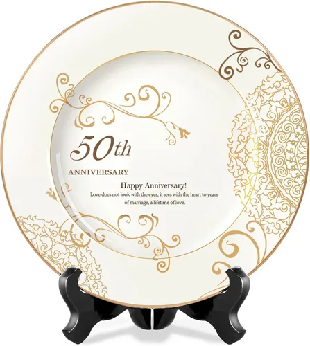 PuGez Regalos de boda de 50 aniversario para parejas, padres y abuelos, 50 regalos dorados para matrimonio, plato de recuerdo de porcelana dorada