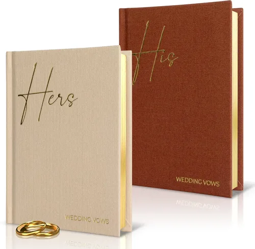 Vista 9 de Elegantes libros de votos de boda de lino con letras de lámina dorada, libros de juramentos de tamaño perfecto para él y para ella con muchas