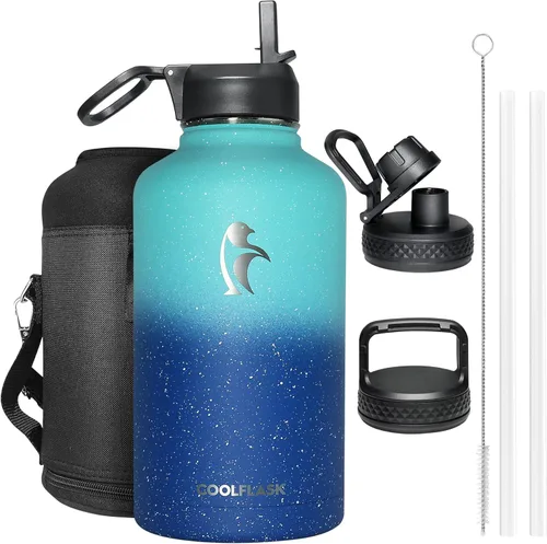 Vista 43 de Coolflask - Botella de agua de 64 onzas aislada, con popote y 3 tapas, de acero inoxidable con boca ancha, libre de BPA, mantiene las bebidas frías