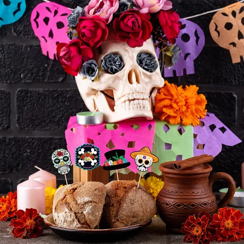 Vista 3 de 144 piezas de decoración para cupcakes del Día de los Muertos – Calavera de Halloween, palillos de dientes, palillos de dientes, suministros