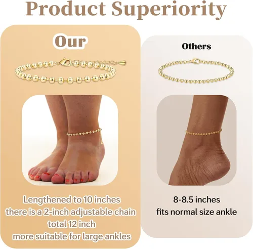 Vista 2 de Tobilleras extra grandes para mujer, tobilleras delicadas de oro real de 14 quilates para mujer, impermeables, pulseras de tobillo grandes