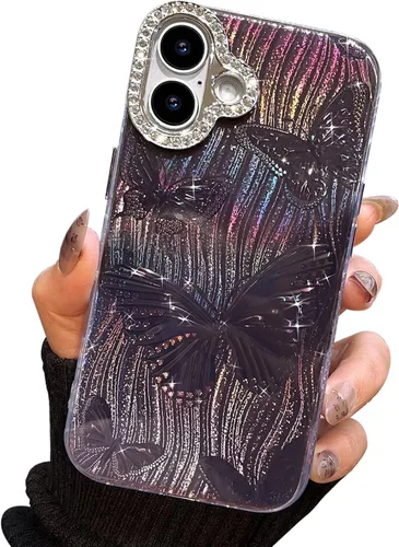 Vista 551 de I-MGAE-IN-AR - Funda diseñada para iPhone 12 y 12 Pro, diseño de mariposa plateada brillante, funda protectora de poliuretano termoplástico, suave