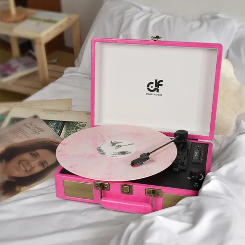 Vista 2 de Tocadiscos de maleta con Bluetooth vintage con altavoces integrados, tocadiscos portátil de 3 velocidades con grabadora de audio de vinilo USB, Rosa