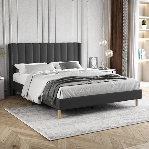 Vista 37 de Zoophyter Base de cama tapizada de plataforma tamaño King con cabecero, listones de madera fuertes, no necesita somier, fácil montaje, lino blanco