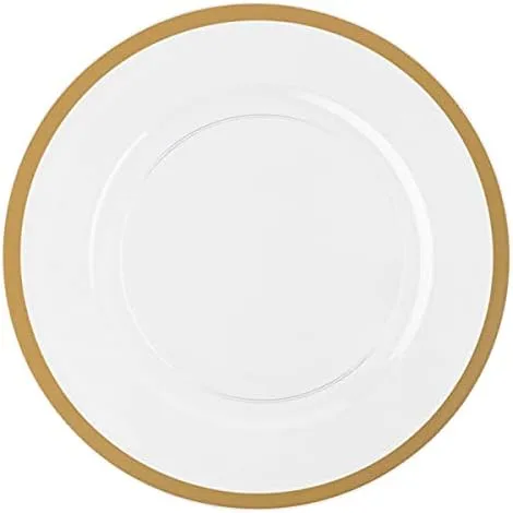 Vista 5 de Posh Setting Paquete de 8 platos de carga redondos desechables de 13 pulgadas, con borde blancodorado, placa de carga de plástico ligera para bodas