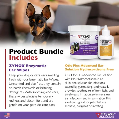 Vista 2 de Zymox Enzymatic - Toallitas para oídos y Otic Plus Advanced Hydrocortisona Free Ear Solution para perros y gatos – Paquete de producto – para orejas