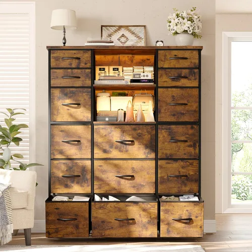 Vista 2 de EnHomee Cómoda de 51" de altura con 15 cajones, cómoda para dormitorio con estación de carga y luces LED y estante superior, cómodas de dormitorio