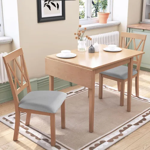 Vista 32 de Juego de mesa de comedor de 3 piezas con altura de mostrador, juego de comedor de madera maciza con 2 taburetes tapizados, mesa de comedor