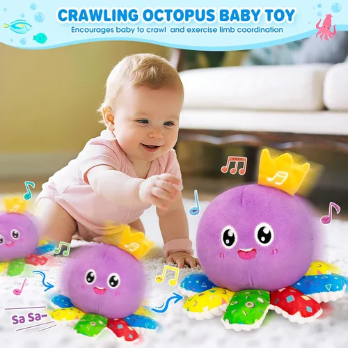 Vista 2 de IJIGU Juguetes musicales para bebés de 6-12-18 meses, juguete de pulpo de peluche interactivo de múltiples funciones para gatear y bailar, regalos