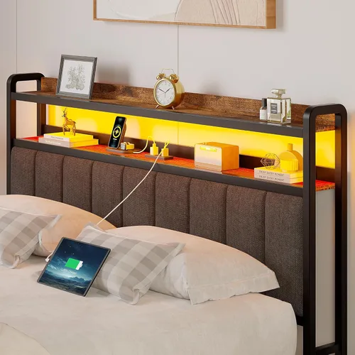 Vista 6 de VECELO Base de cama de tamaño matrimonial con luces LED y banco, base de cama tapizada con estación de almacenamiento y carga USB, marco de metal