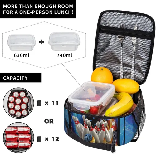 Vista 4 de Bolsa de almuerzo reutilizable con bola de boliche de hielo y fuego, lonchera para niños y niñas, lonchera aislada para niños, lonchera Bento fácil