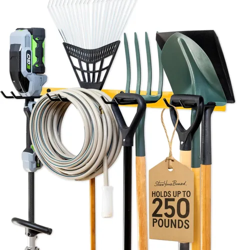 Vista 9 de StoreYourBoard Estante Montado en Pared con 4 Ganchos de Garaje – Soporte de Acero Resistente para Almacenamiento de Garaje y Jardín para Cobertizo