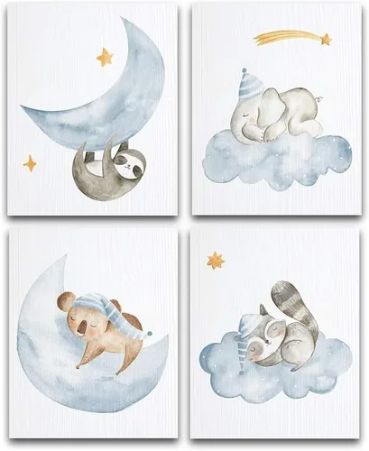 Sleeping Animals Art Prints - Set of 4 - Cute Animals Decor Great for Nursery Room and Playroom, Kids Bedroom Wall Prints, Great Gift for Baby Blue