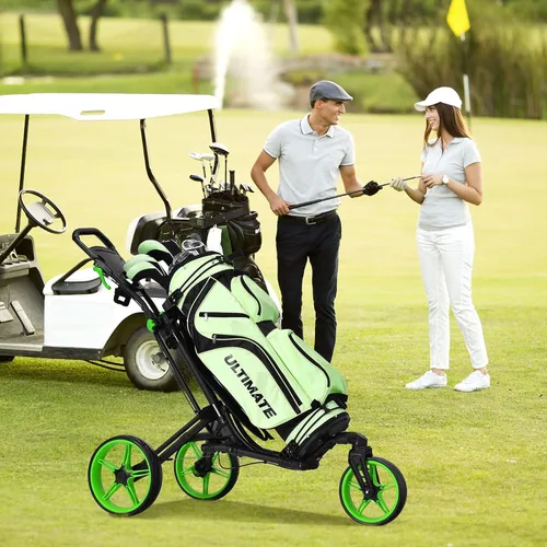 Vista 8 de Tangkula Carrito de golf con rueda delantera giratoria de 360°, carrito de golf plegable de aluminio de 3 ruedas, carrito de golf con correa