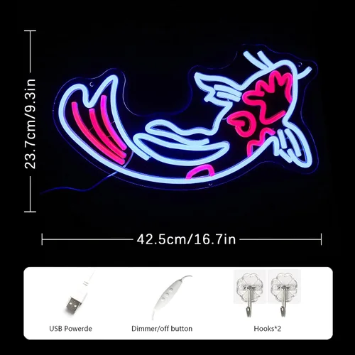 Vista 3 de Koi Fish - Letrero de neón con luces de neón de carpa Koi, peces japoneses, luces LED azul neón y rojo con pez de la suerte para decoración