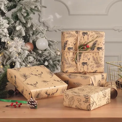 Vista 2 de RUSPEPA - Papel para envolver regalos de Navidad, papel kraft café con impresión de elementos navideños negros - 4 rollos de 30 pulgadas x 10 pies