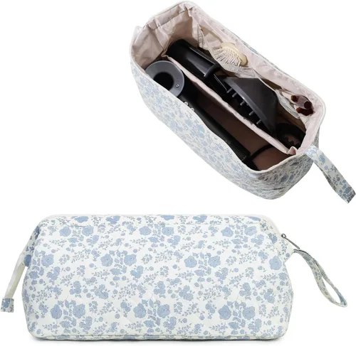 Bolsa de viaje grande acolchada para el cabello para secador de pelo, estética, a prueba de polvo, organizador de viaje plano con rizador plano Azul