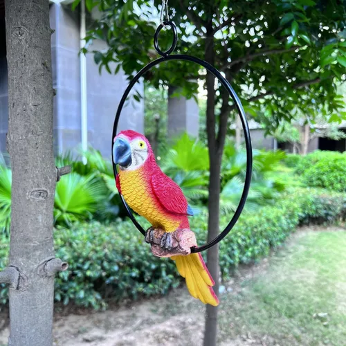 Vista 8 de Anillo colgante de estatua de loro para decoración de jardín y hogar, dimensiones de loro 9.8 pulgadas de alto