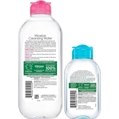 Vista 2 de Agua limpiadora micelar de Garnier, para todos los tipos de piel, 13.5 onzas líquidas + Agua limpiadora micelar para maquillaje resistente al agua