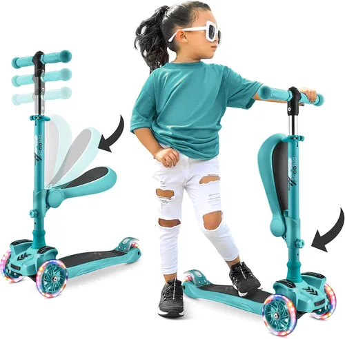 Vista 14 de Hurtle Patinete de 3 ruedas para niños, luces LED de ruedas, manubrio ajustable de inclinación para dirigir y asiento plegable, paseo sentado
