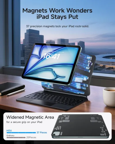 Vista 3 de HOU Funda magnética con teclado para iPad Air 13/Pro 12.9, inclinación ajustable de 135° más amplia, panel táctil de vidrio AG, 12 combinaciones