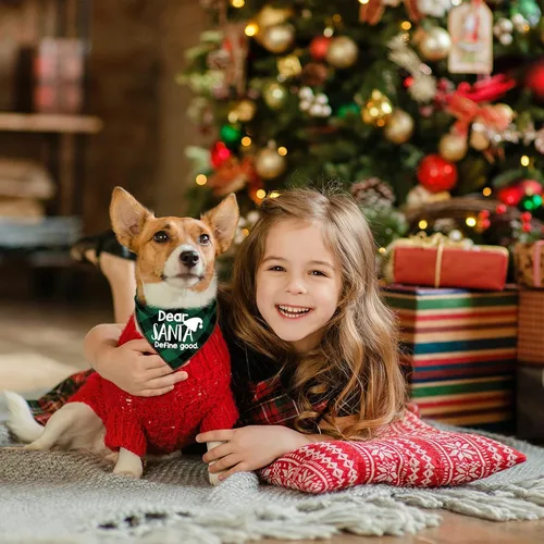 Vista 5 de 4 Pack Bandanas para perros de Feliz Navidad - Bandanas clásicas triangulares de otoño con estampado de Navidad, bufanda a cuadros roja, baberos