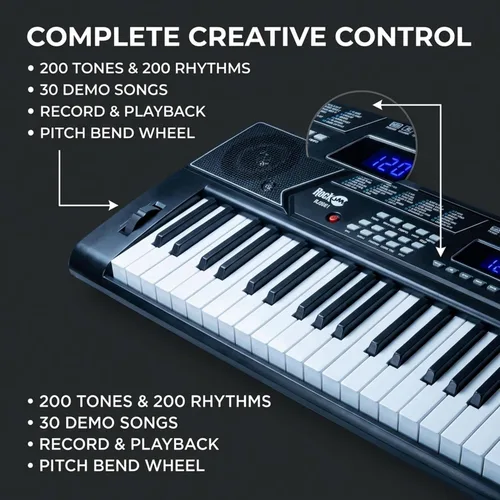 Vista 4 de RockJam - Piano de teclado de 61 teclas con kit de curva de tono, banco para piano, auriculares, aplicación Simply piano y calcomanías para notas